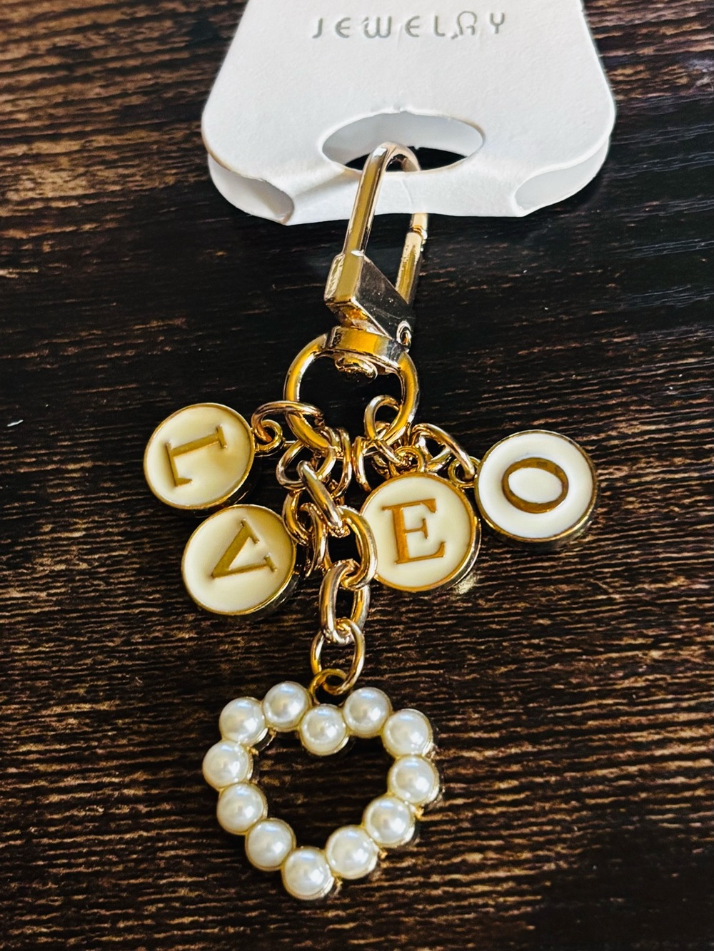 Gold Tone Pearl Heart Key & Card Holder Bag Charm - LOVE Letter Discs